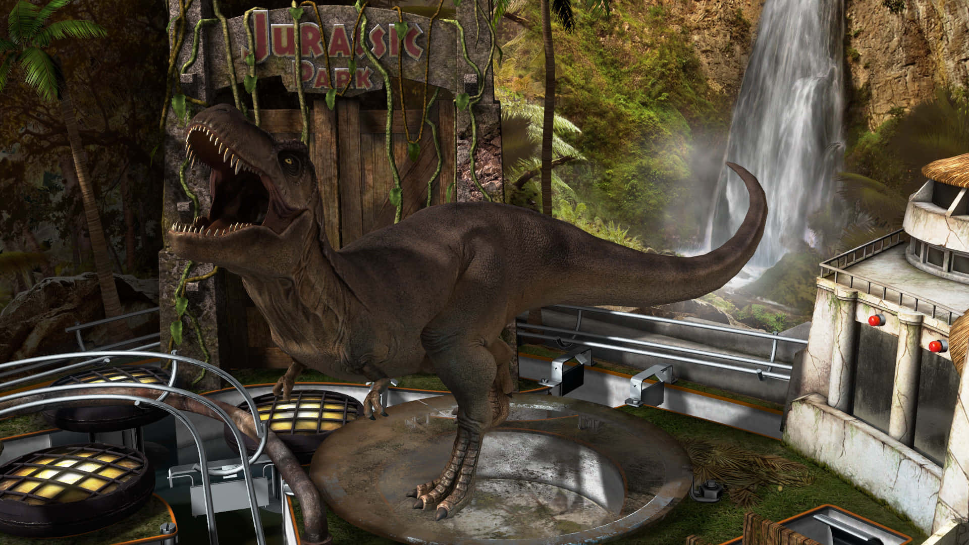 Jurassic World 桌布 壁紙 — 一隻咆哮的暴龍站在廢棄的侏羅紀公園圍欄中，背後有瀑布和茂密的樹葉。