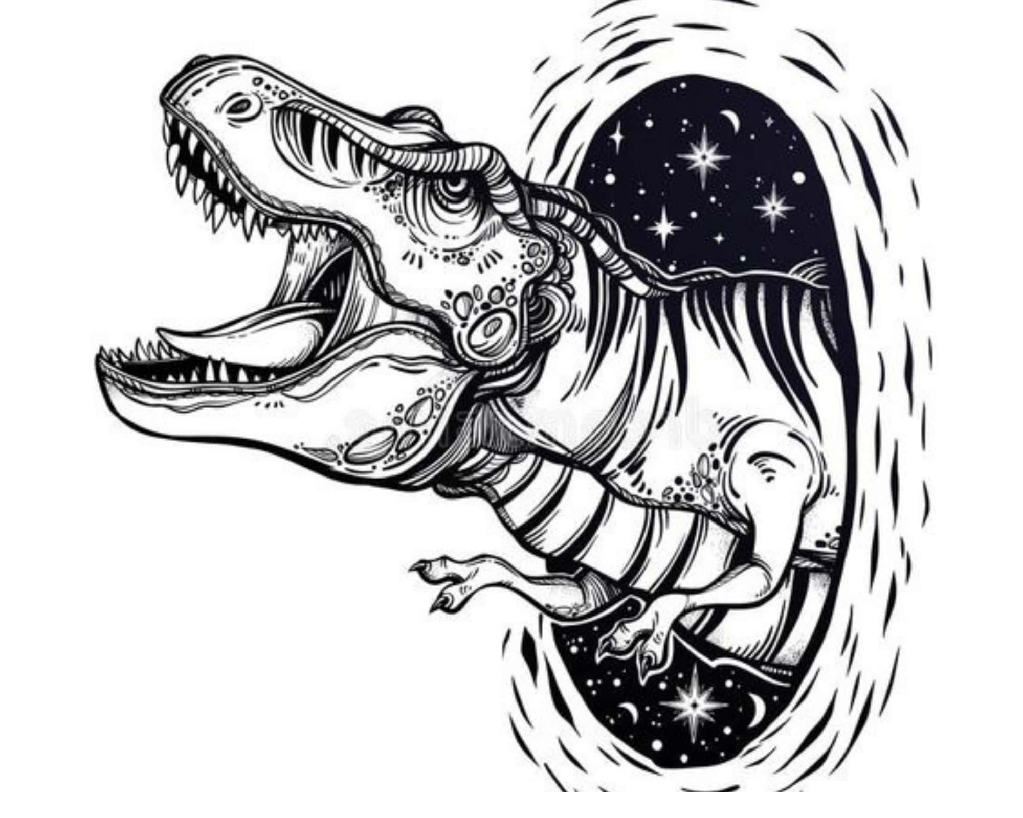 Dinosaur Drawing 桌布 壁紙 — 一隻咆哮的暴龍衝破宇宙傳送門，顯露出星星和彎月，採用大膽的黑白線條藝術風格。