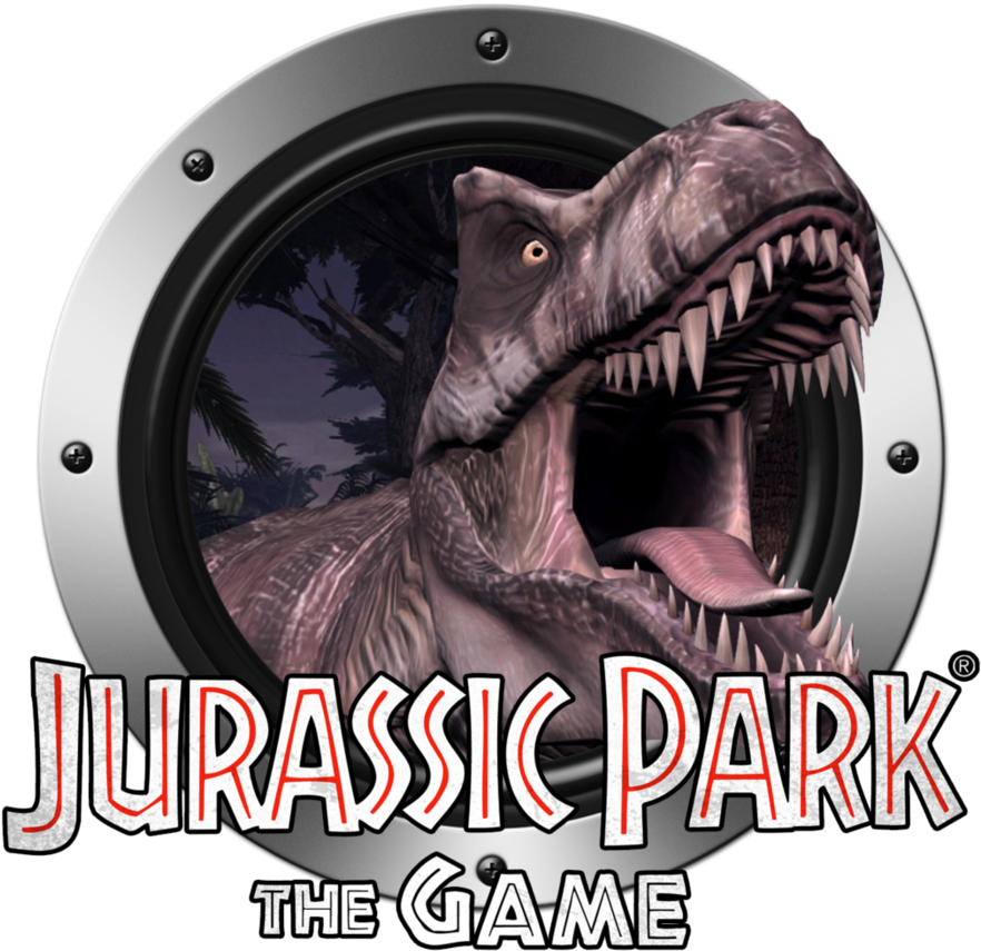 侏羅紀公園 桌布 壁紙 — 一隻咆哮的暴龍透過圓形舷窗窺視，背景是黑暗的叢林，下方有侏羅紀公園遊戲標誌。