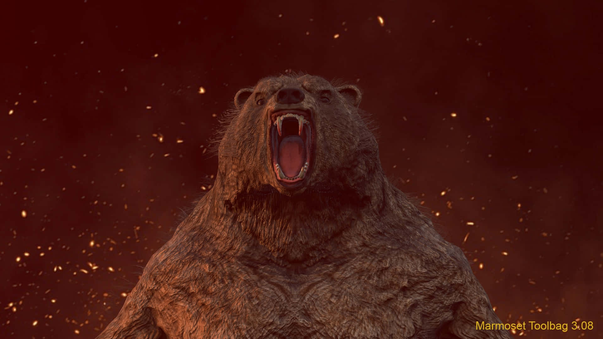 angry bear 桌布 壁紙 — 一隻咆哮的棕熊露出牙齒，站在火紅色的背景前，周圍漂浮著發光的餘燼。