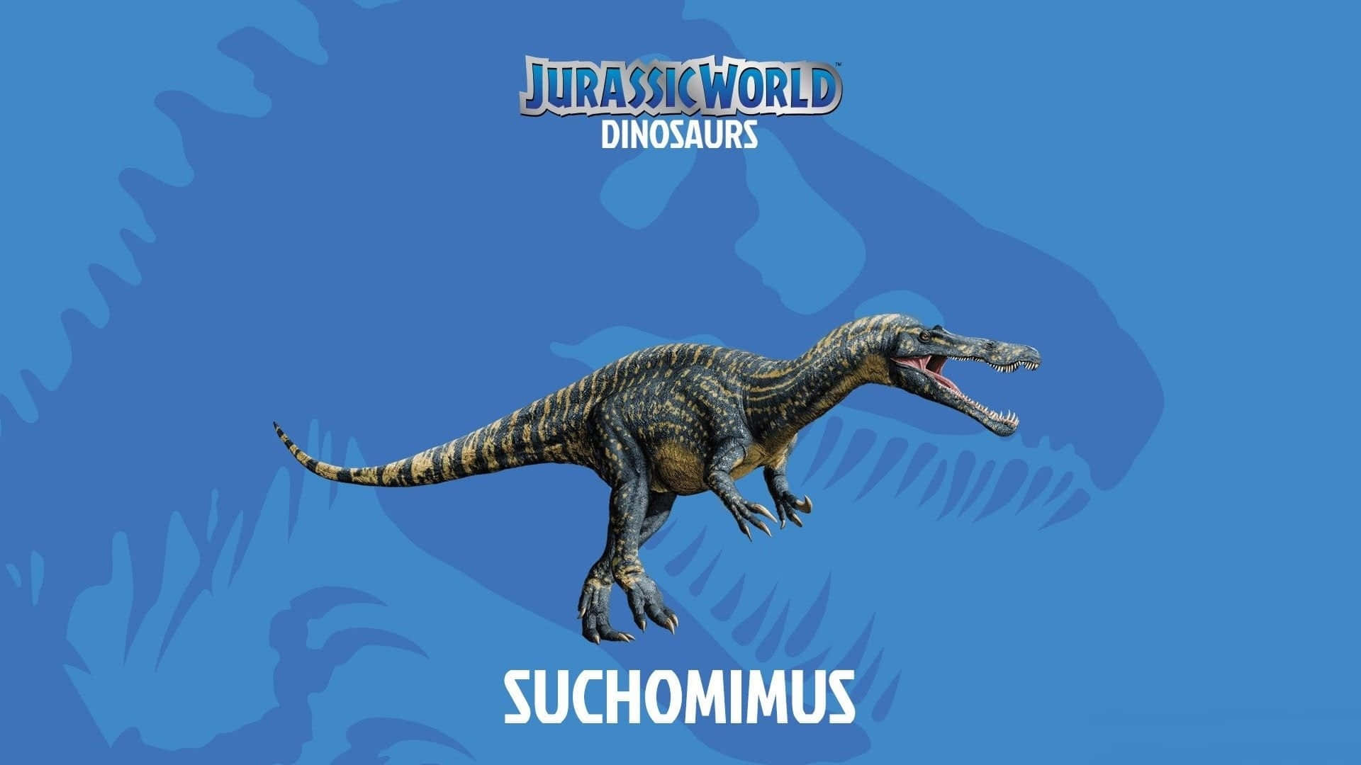 藍色 桌布 壁紙 — 一隻咆哮的棘龍（Suchomimus）恐龍，帶有條紋皮膚，在藍色背景上跳躍，背景有模糊的恐龍剪影和 Jurassic World 品牌標誌。
