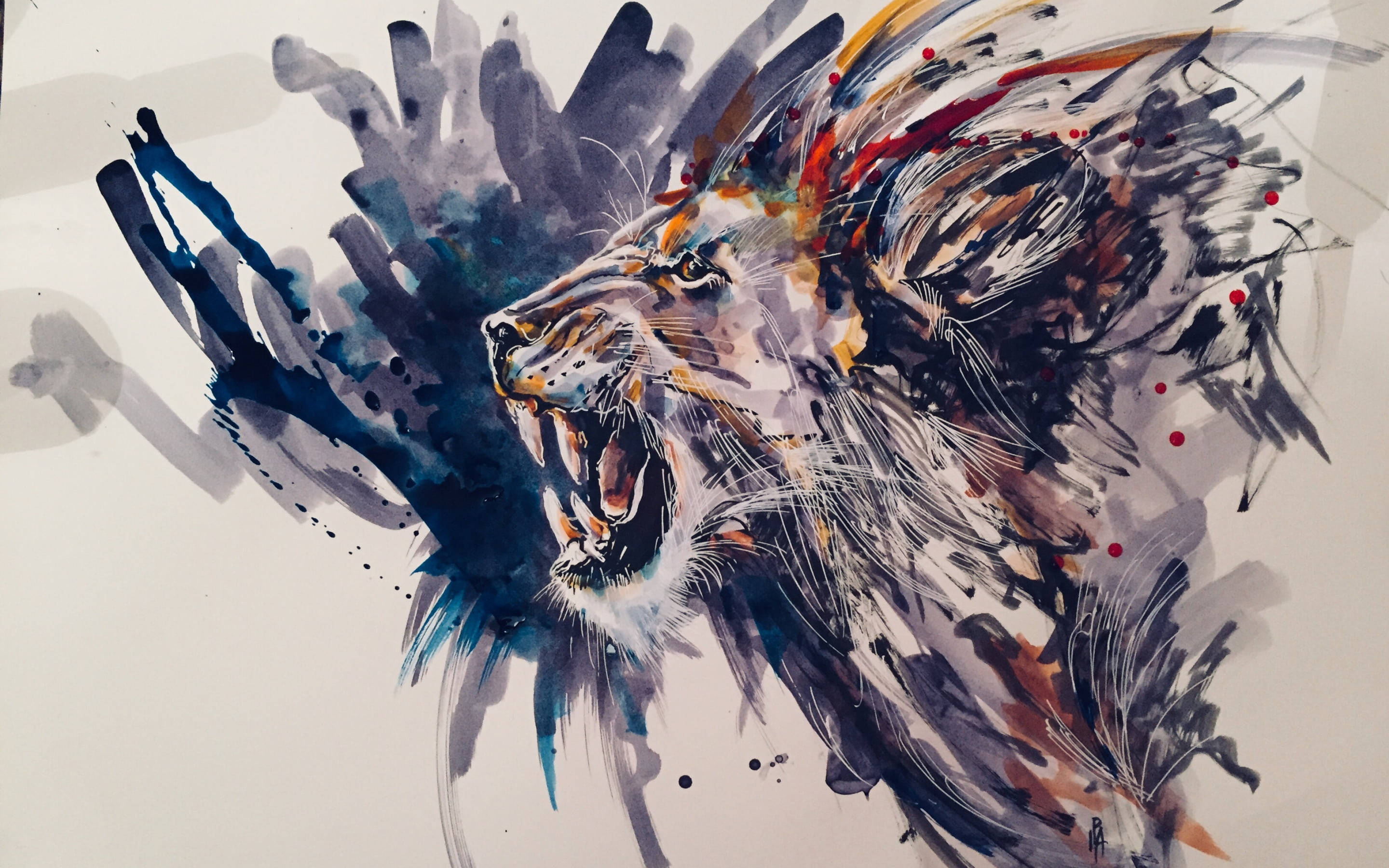lion roar 桌布 壁紙 — 一隻咆哮的獅子，以動態水彩畫繪製，帶有藍色、紅色和棕色的潑濺，背景為白色。