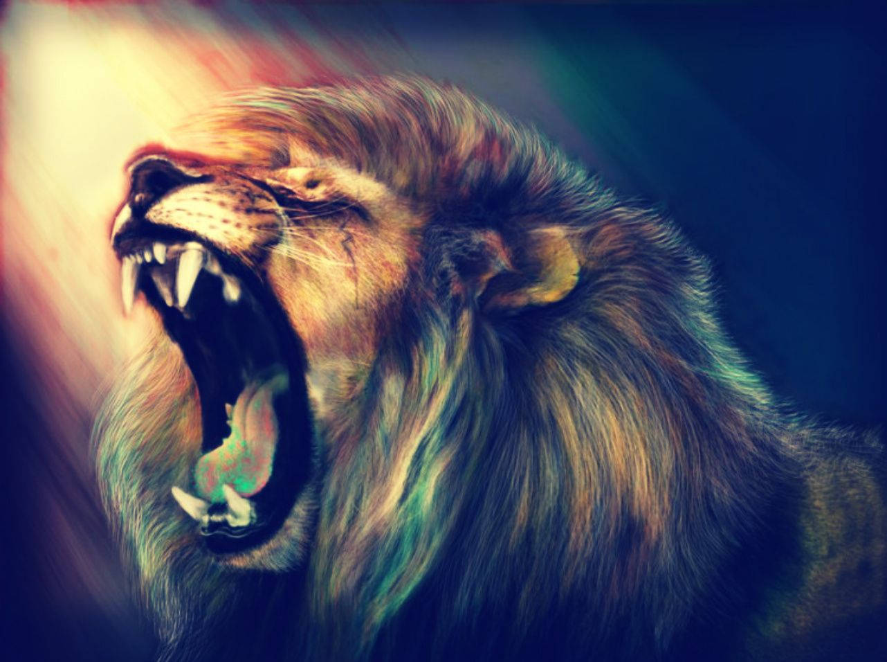 獅子 桌布 壁紙 — 一隻咆哮的獅子，眼睛發光，帶有鮮豔的藍綠色亮點，背景為黑暗模糊。