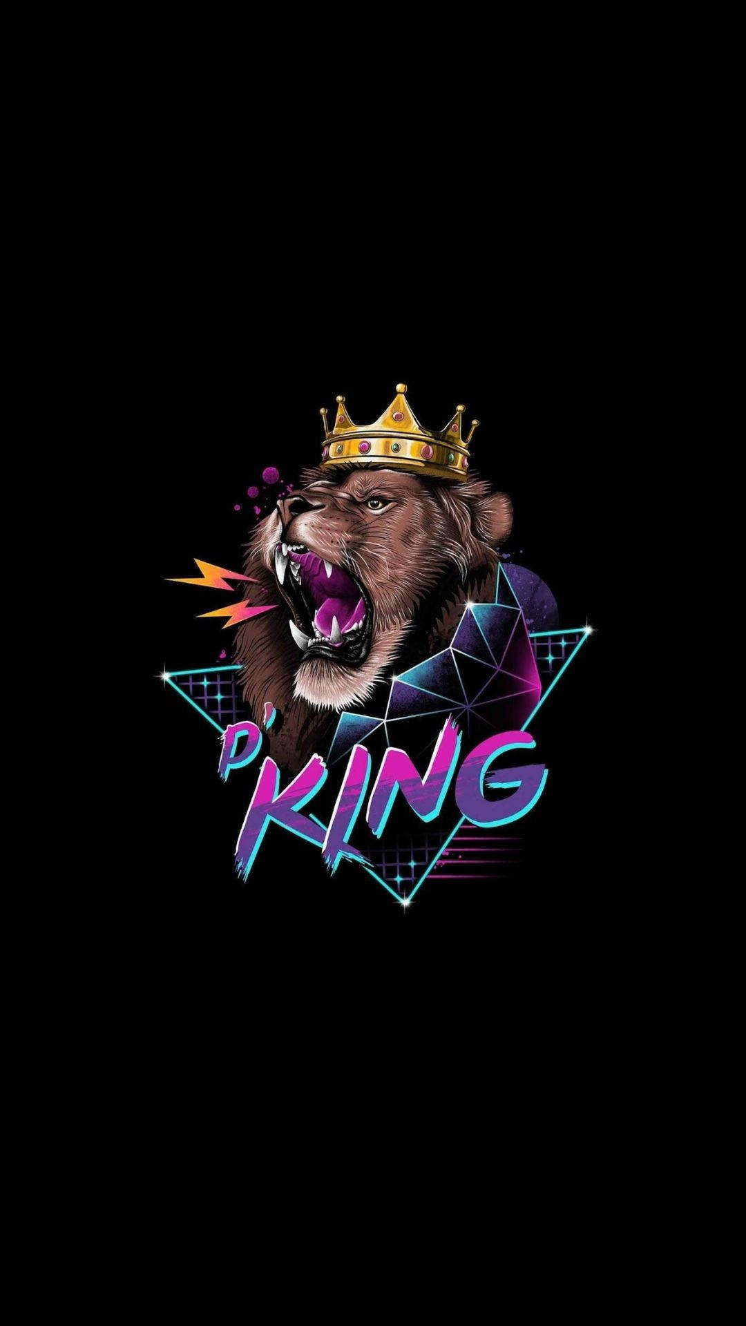 一隻戴著皇冠的獅子咆哮，帶有霓虹幾何設計和「KING」字樣。 — 國王 GIF 壁紙