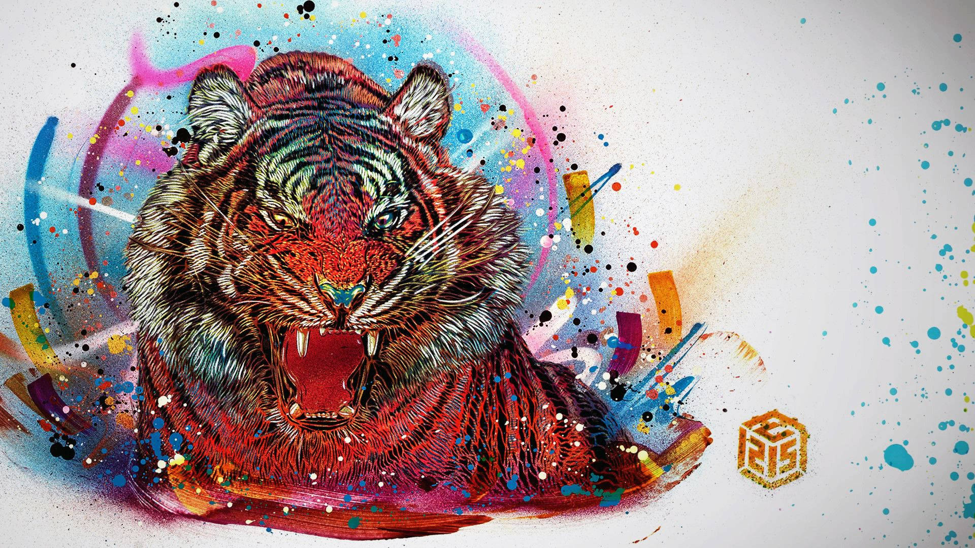 Far Cry 4 桌布 壁紙 — 一隻咆哮的老虎，擁有鮮豔的紅色和橙色毛髮，周圍環繞著色彩繽紛的油漆飛濺和抽象漩渦。