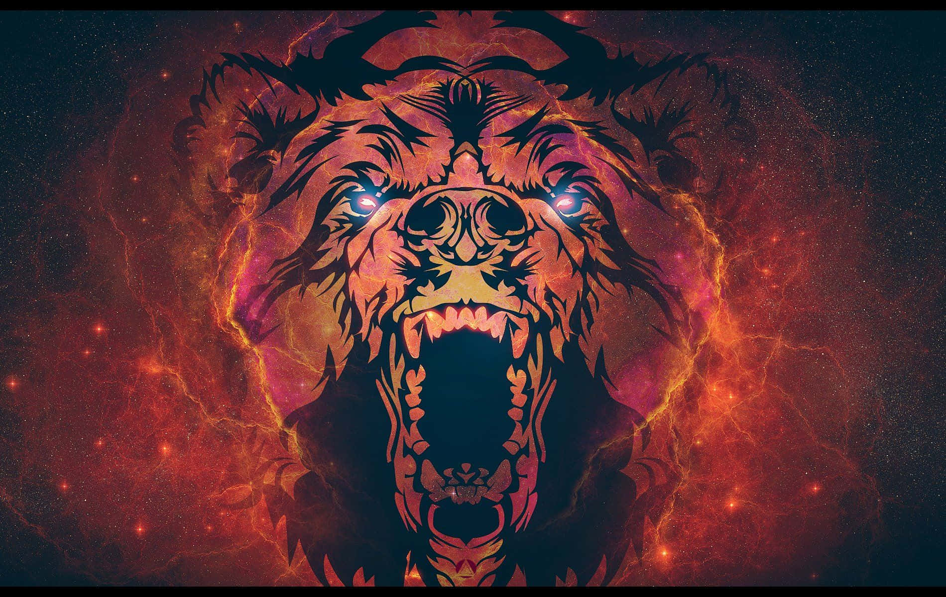 Cool Bear 桌布 壁紙 — 一隻咆哮的老虎的臉從熾熱的宇宙星雲中浮現，眼睛發光，周圍有電能噼啪作響。
