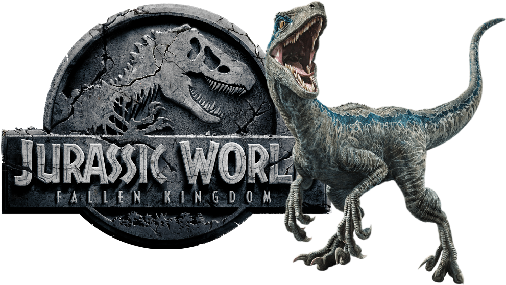 Jurassic World 桌布 壁紙 — 一隻咆哮的藍灰色迅猛龍站在帶有裂開恐龍頭骨標誌的侏羅紀世界：殞落王國標誌旁邊。