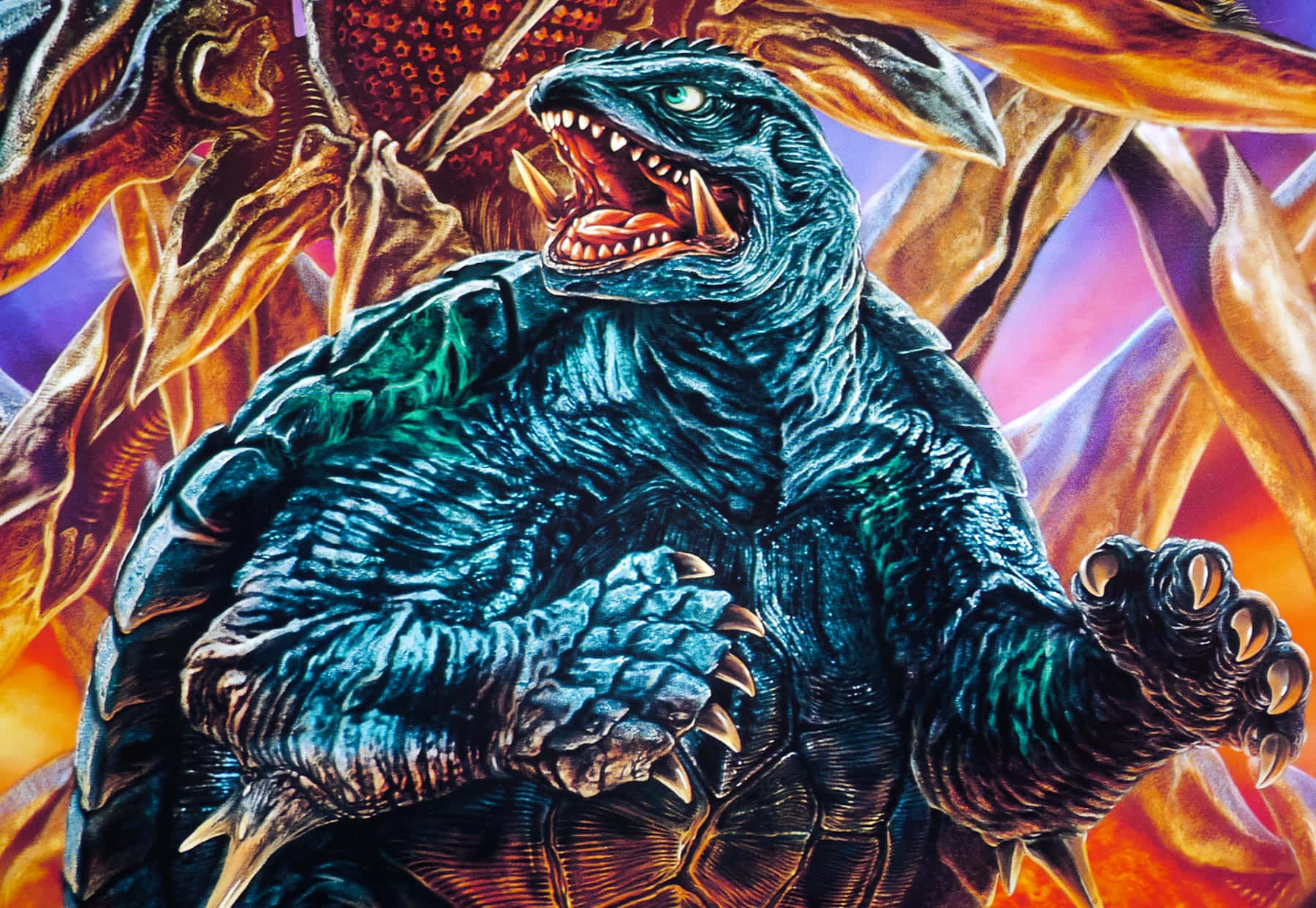 Gamera 桌布 壁紙 — 一隻咆哮的藍色哥吉拉，擁有鋒利的爪子和發光的眼睛，站在熾熱的橙色和紫色火焰之中。