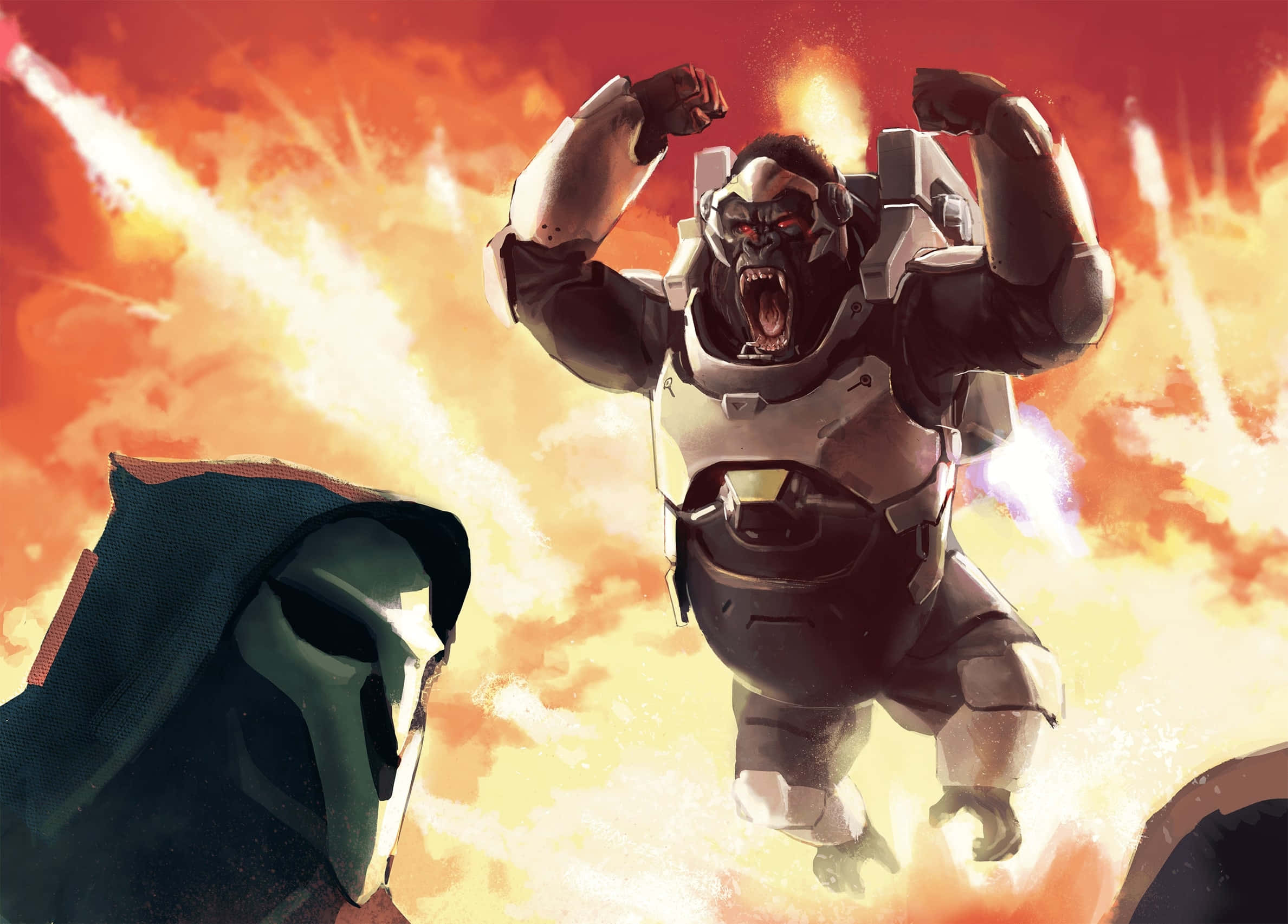 Overwatch Winston 桌布 壁紙 — 一隻咆哮的裝甲大猩猩在火橙色的天空中跳躍，下方有一個披著斗篷的身影在觀看。