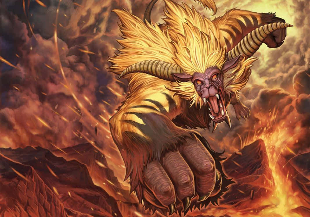 Monster Hunter Monsters 桌布 壁紙 — 一隻咆哮的金毛野獸，帶有條紋皮毛和彎曲的角，在火焰爆炸和煙霧中向前猛撲。