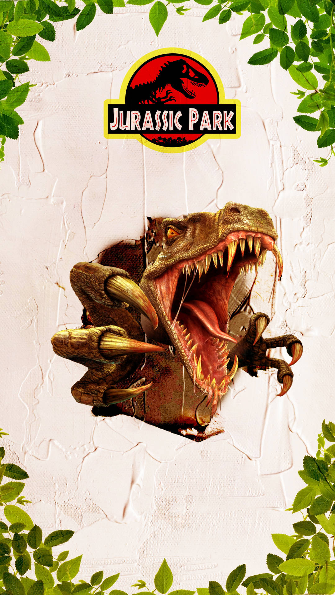 壁紙 — 一隻咆哮的霸王龍衝破被綠葉環繞的白色牆壁，上方有 Jurassic Park 標誌。