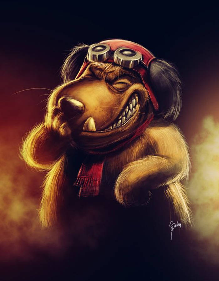 Muttley 桌布 壁紙 — 一隻咧嘴笑的擬人化狗，戴著護目鏡和圍巾，在煙霧繚繞的火熱背景下歡快地大笑。