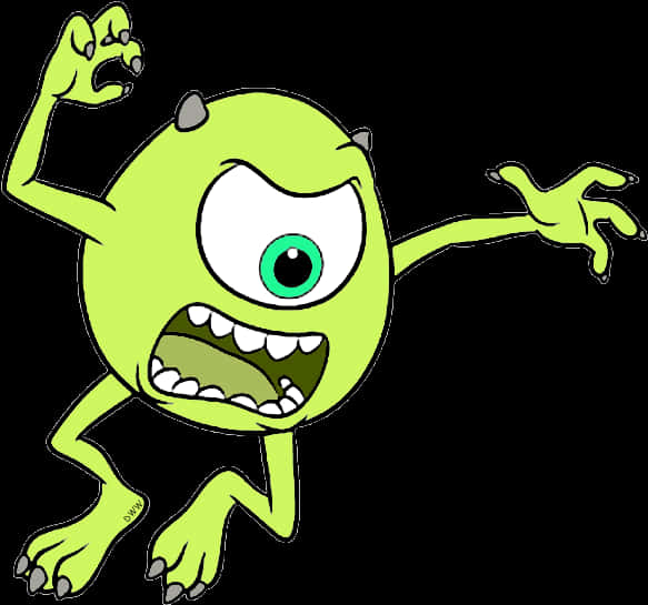 monsters 桌布 壁紙 — 一隻單眼、尖牙的綠色大型卡通怪物在黑色背景前充滿活力地跳躍。