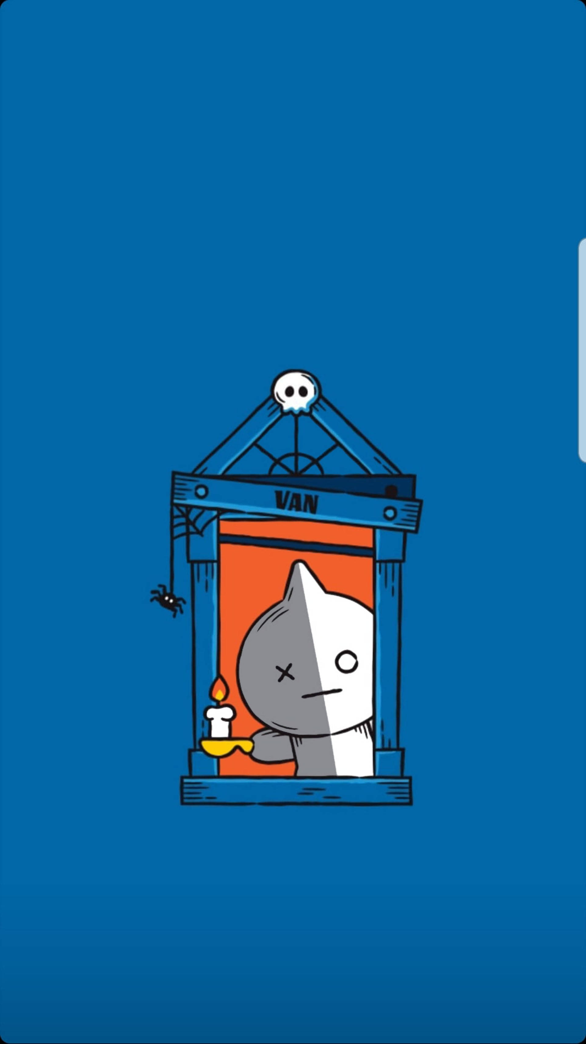 van bt21 桌布 壁紙 — 一隻單眼卡通貓拿著蠟燭，從一個裝飾著骷髏頭和蜘蛛的藍色鬼窗中探出頭來。