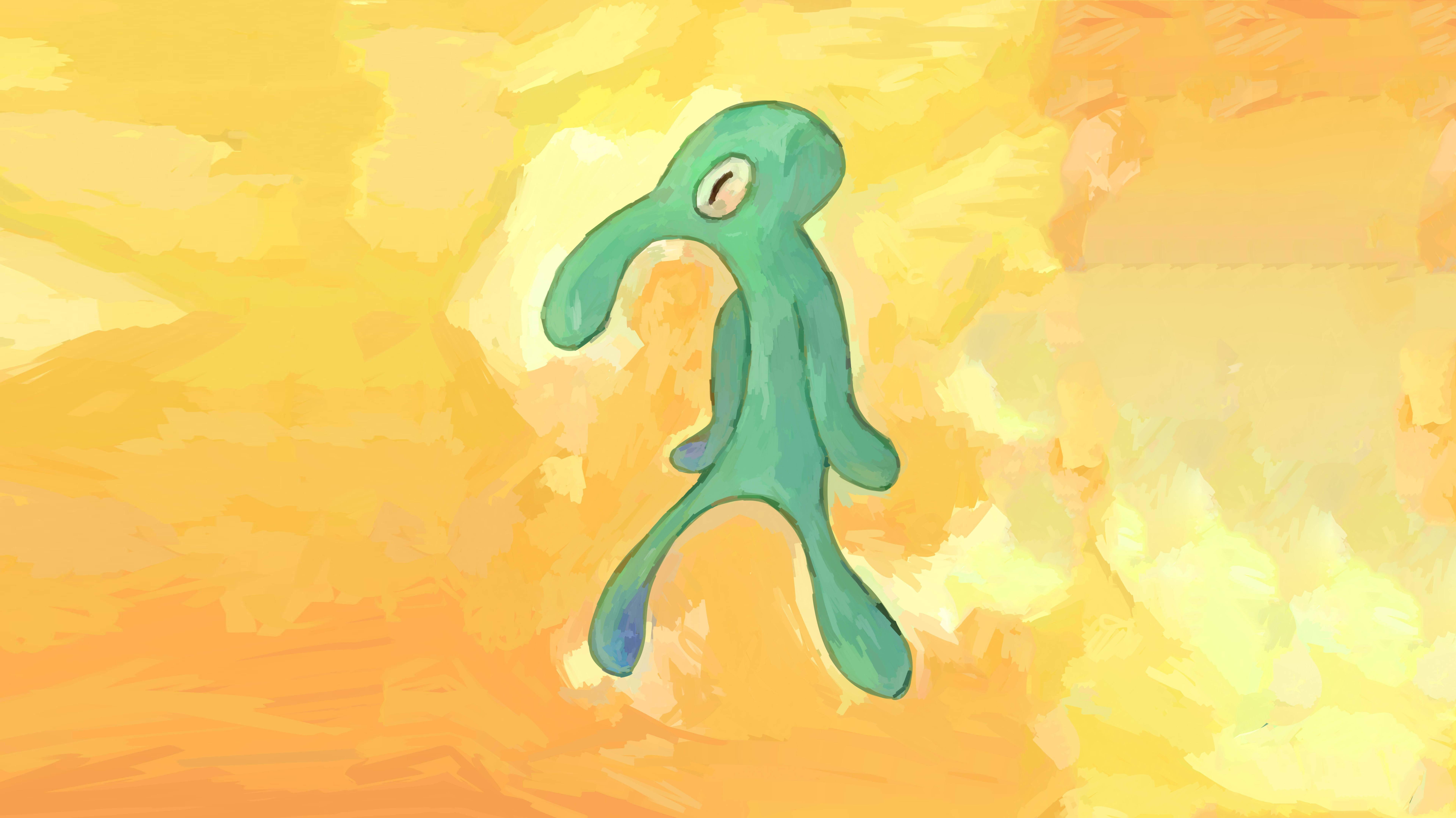 Tentacles 桌布 壁紙 — 一隻單眼青綠色抽象生物漂浮在溫暖紋理的黃色和橙色背景上。