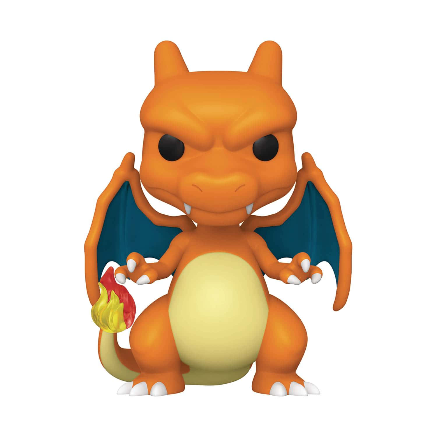 Pokemon Toys 桌布 壁紙 — 一隻噴火龍的Funko Pop塑膠公仔，擁有藍色翅膀和火焰尾巴，自豪地站在純白色背景前。