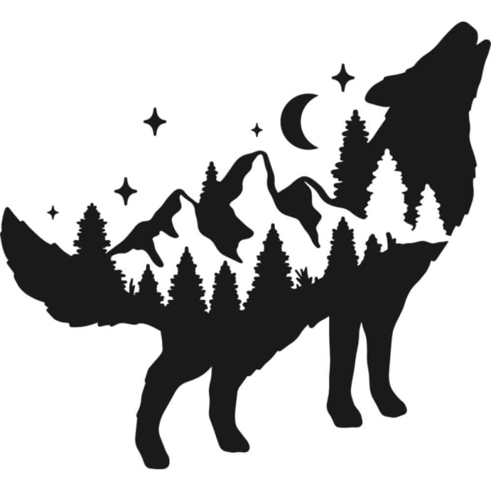 Wolf Silhouette 桌布 壁紙 — 一隻嚎叫狼的黑色剪影，其身體由山脈、松樹、新月和星星構成。