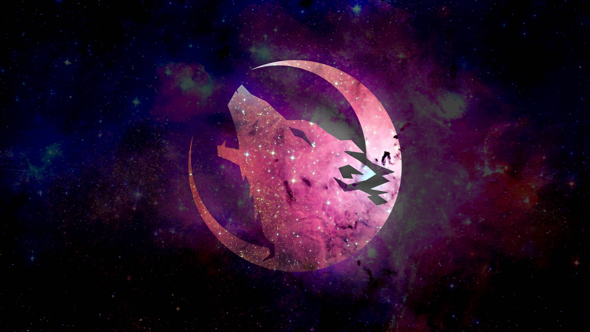 狼在新月內嚎叫，背景是繁星點點的星雲。