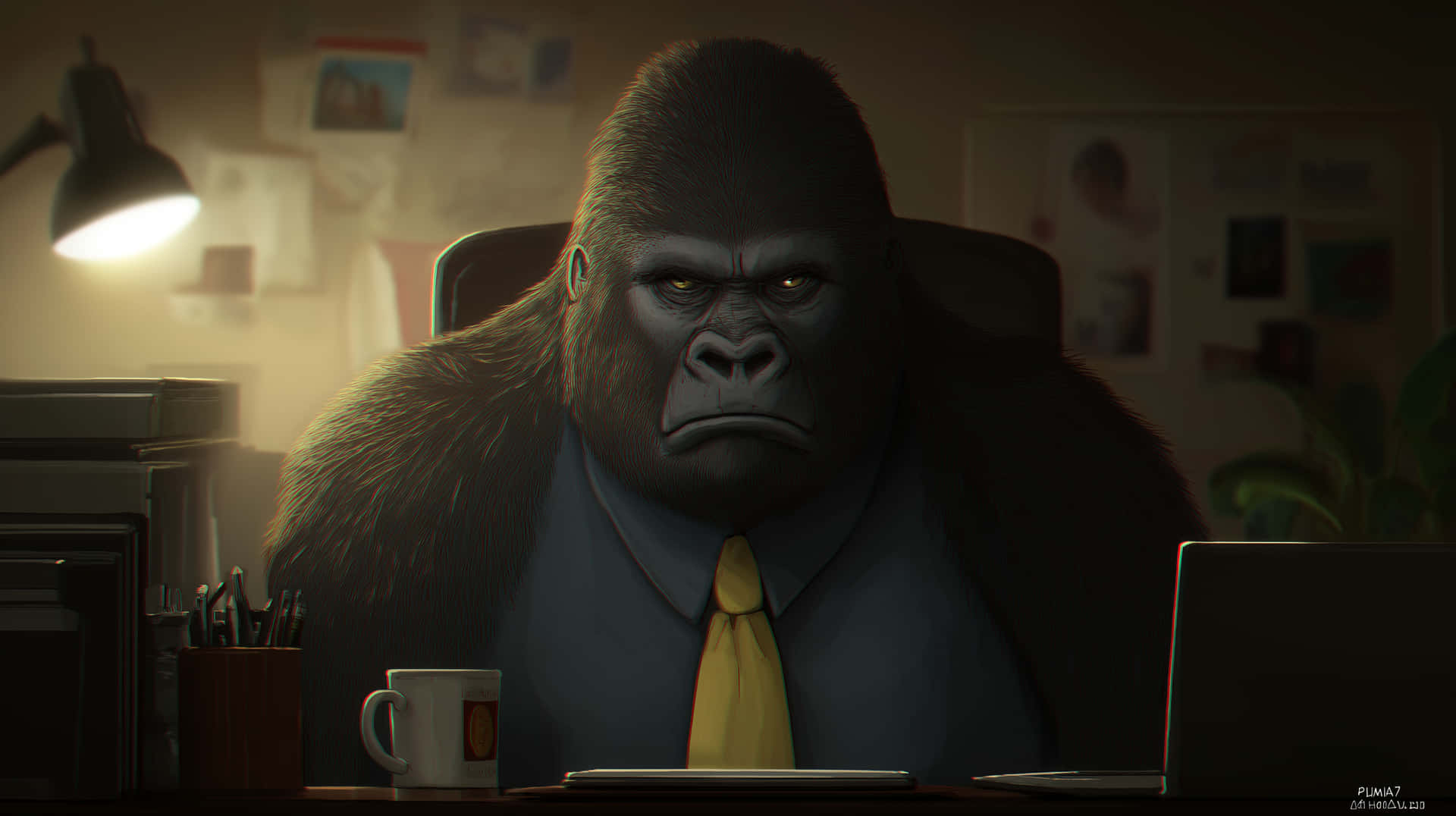 Serious Gorilla Boss in Office with Intense Gaze 壁紙 — 一隻嚴肅的大猩猩穿著藍色襯衫和黃色領帶，坐在雜亂的辦公桌旁，在檯燈下怒視著筆記型電腦。