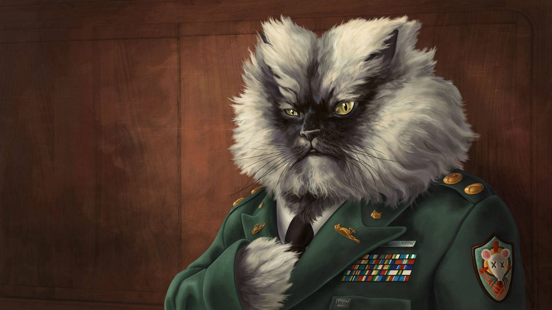 軍事動圖 桌布 壁紙 — 一隻嚴肅的毛茸茸貓咪穿著細節豐富的綠色軍裝，站在有獎章和徽章的木牆前。