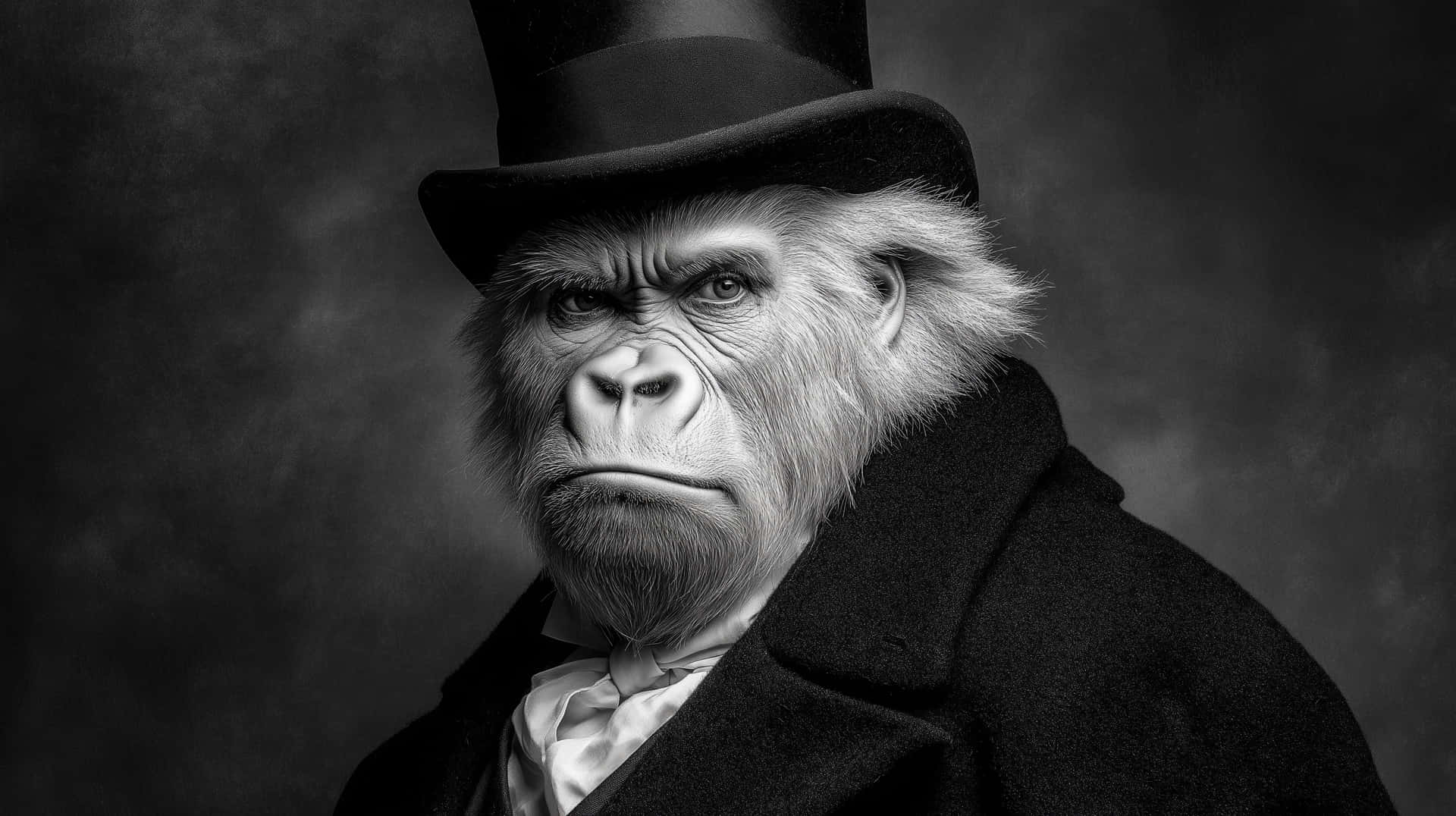 Monochrome Gorilla in Top Hat and Coat Portrait 壁紙 — 一隻嚴肅的猴子戴著高帽和外套，皺著眉頭直視煙霧繚繞的背景。