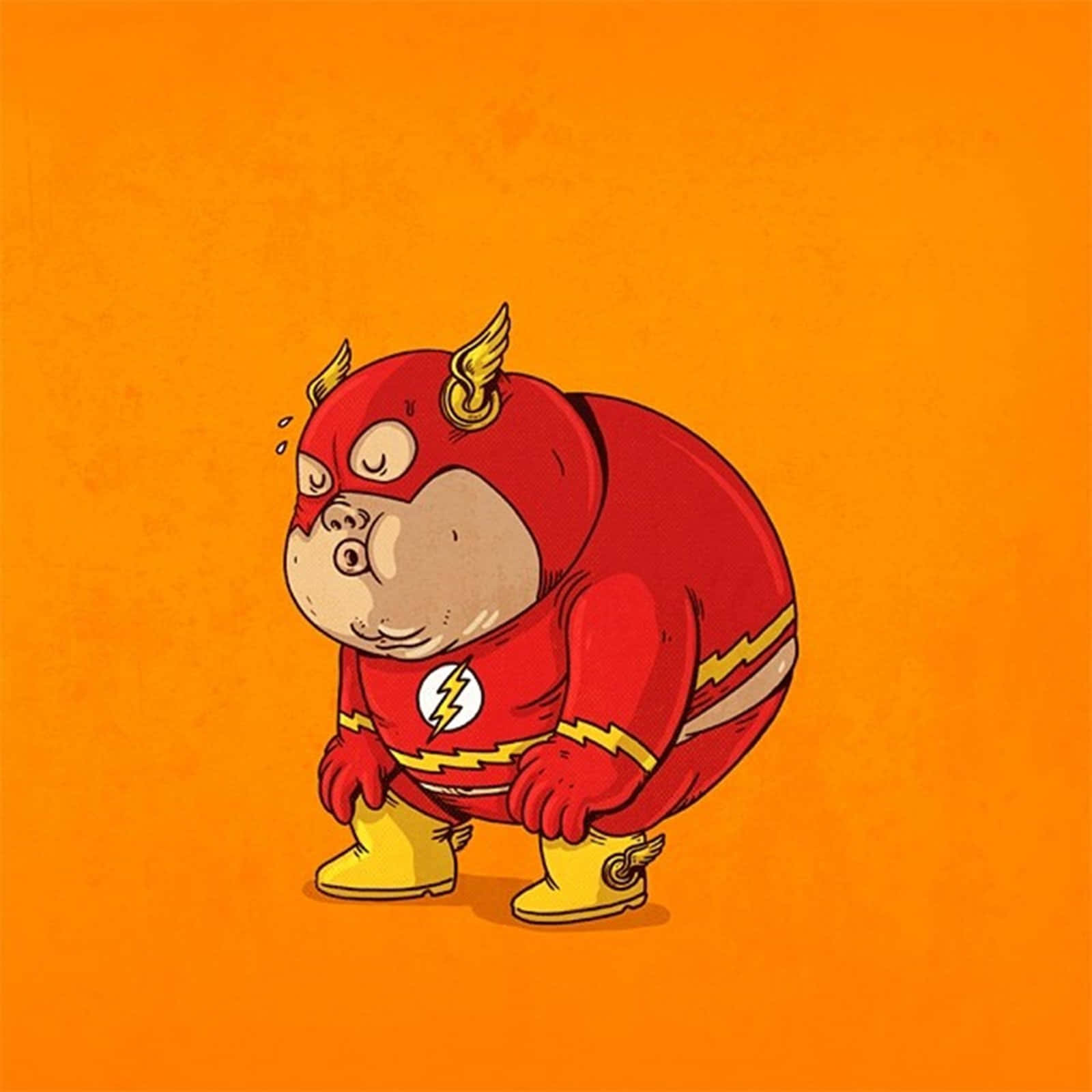 Cartoon Heroes 桌布 壁紙 — 一隻圓潤的卡通豬穿著帶有黃色閃電的紅色超級英雄服，在純橙色背景上看起來筋疲力盡、滿頭大汗。