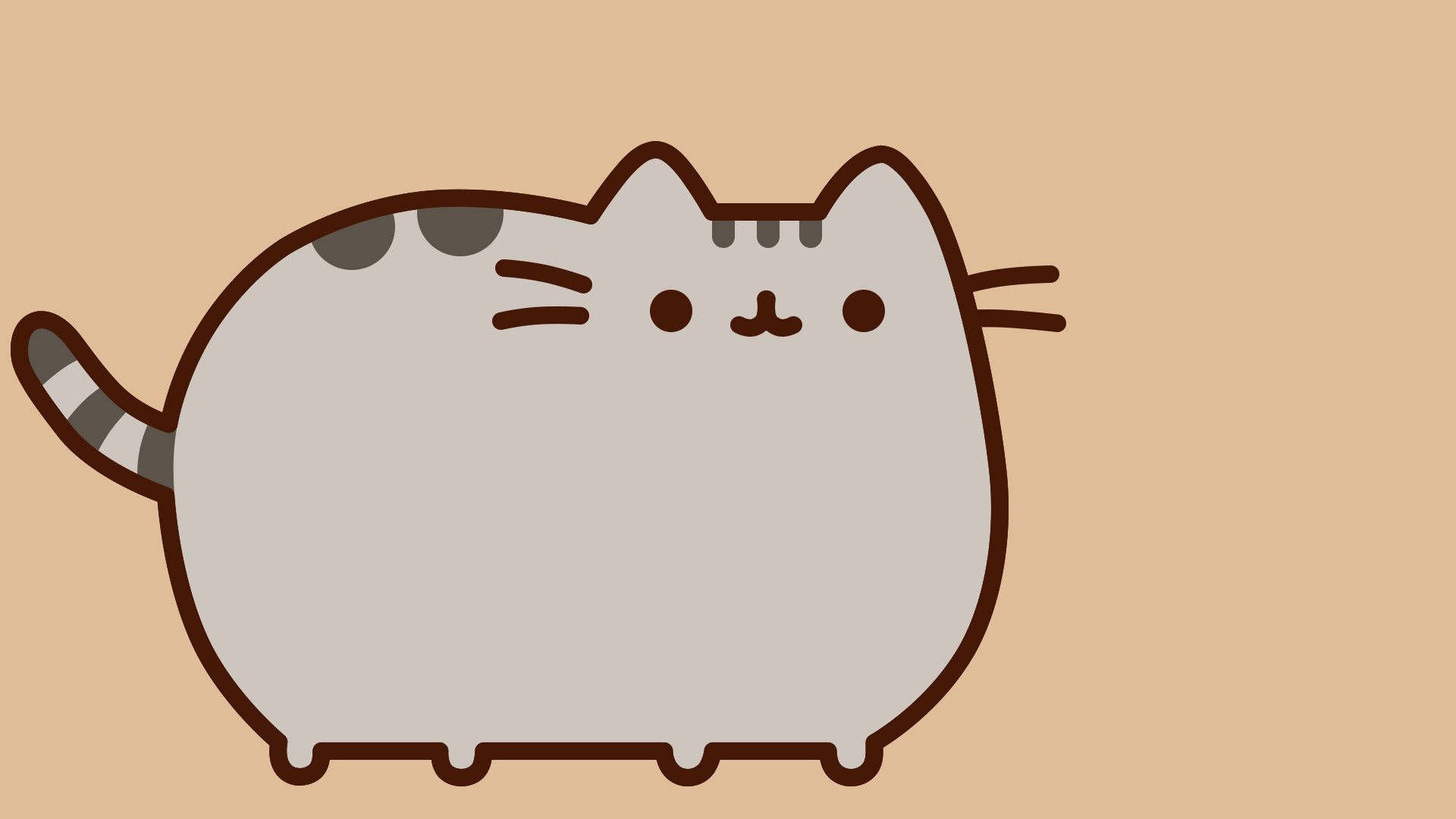 pusheen 動圖 桌布 壁紙 — 一隻圓潤的卡通貓，帶有灰色斑點和條紋尾巴，站在純米色背景前。