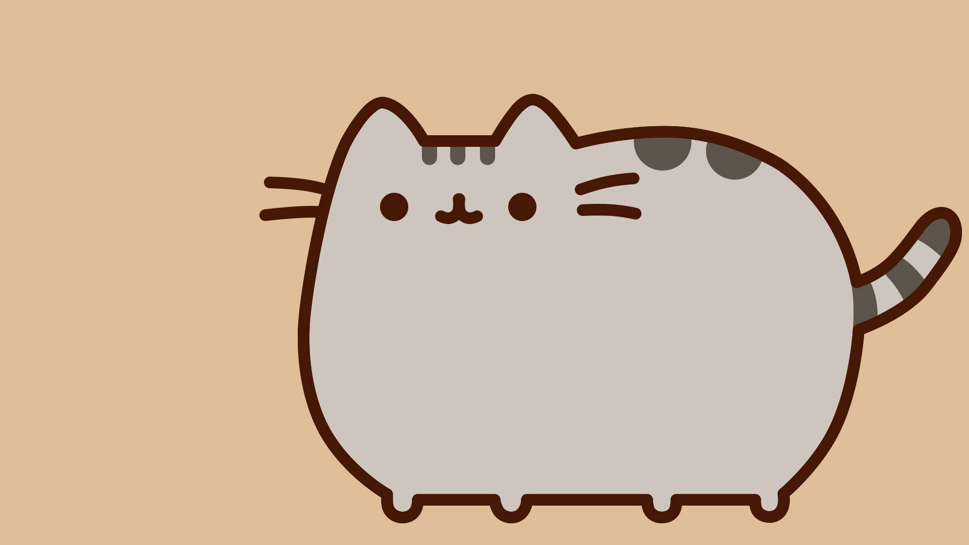 pusheen 動圖 桌布 壁紙 — 一隻圓潤的灰色卡通貓，帶有棕色條紋和簡單的笑臉，站在純米色背景前。