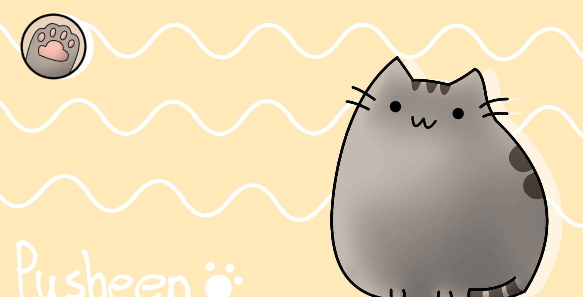 pusheen 動圖 桌布 壁紙 — 一隻圓潤的灰色卡通貓咪帶著開心的表情，坐在淺黃色背景上，背景有白色波浪線和爪印標誌。