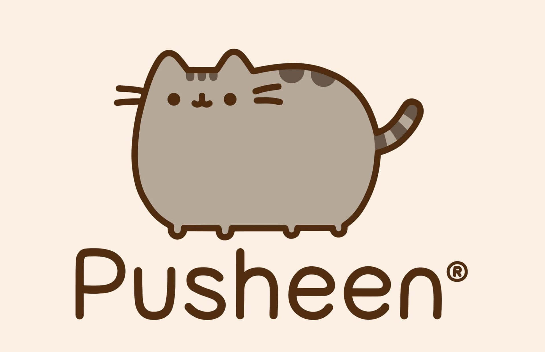 一隻圓潤的灰色卡通貓咪，帶有棕色條紋和微笑，位於「Pusheen」字樣上方。