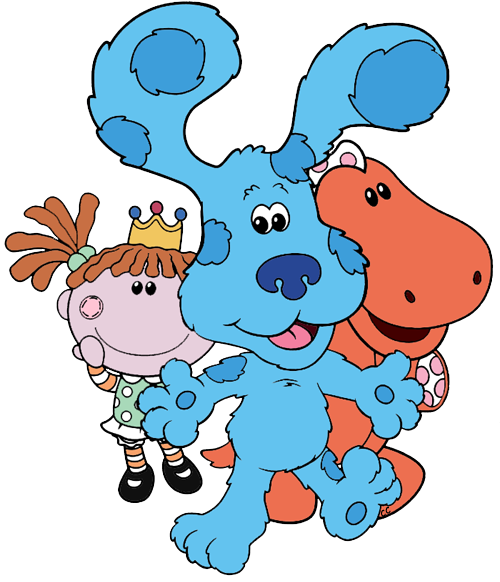 Blues Clues 桌布 壁紙 — 一隻垂耳、開心的藍色卡通狗，與一個戴著皇冠、微笑的女孩和一個橙色的恐龍朋友站在一起。