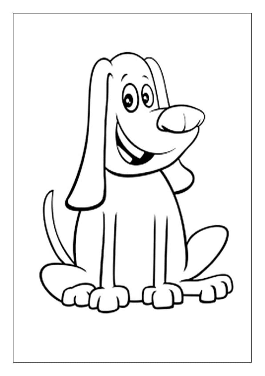 Dog Coloring 桌布 壁紙 — 一隻垂耳的開心卡通狗在簡單黑白線條畫中坐著微笑。