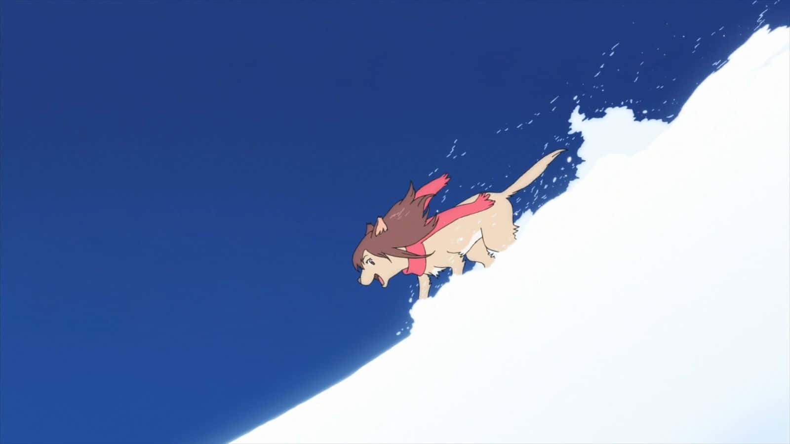 Wolf Children 桌布 壁紙 — 一隻堅定的動漫狼戴著紅色圍巾，在深藍色天空下沿著陡峭的雪坡奔跑。