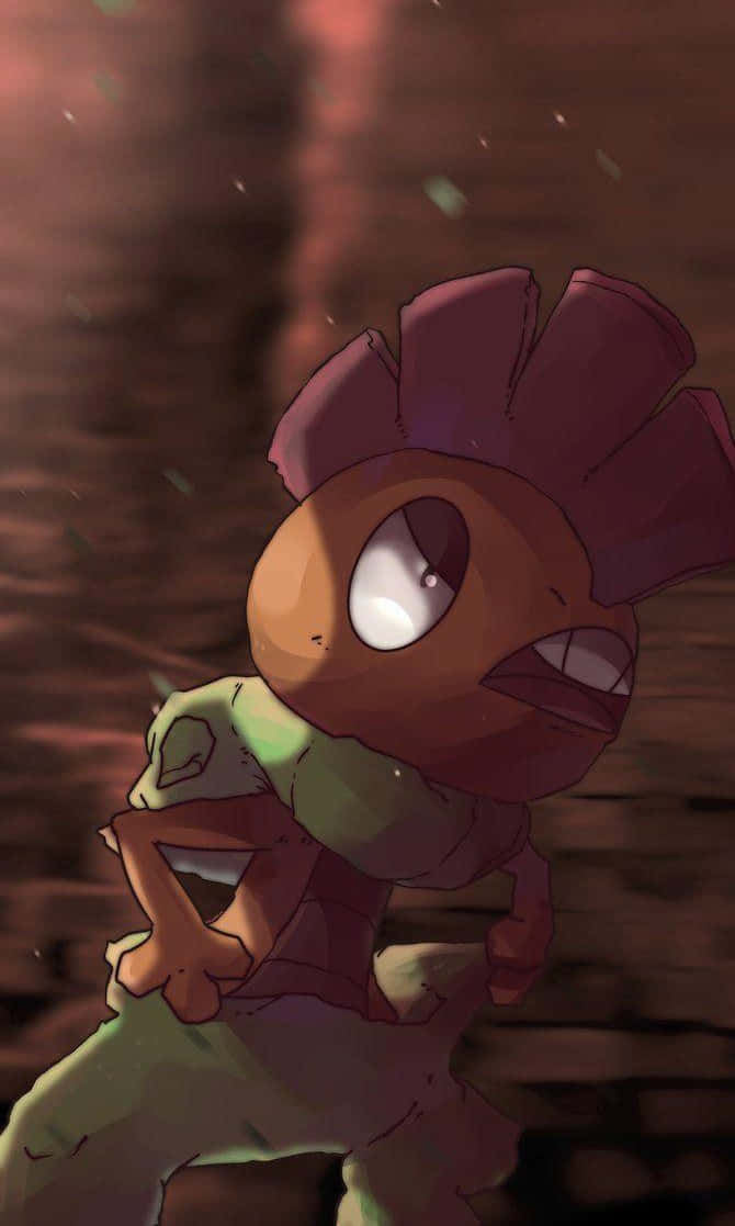Pokémon 手機 桌布 壁紙 — 一隻堅定的動漫風格寶可夢，棕色頭部綠色身體，站在灰塵瀰漫、光線昏暗的洞穴中，周圍有發光的粒子旋轉。
