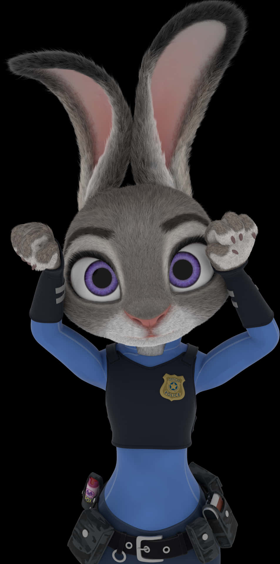 Disney Character 桌布 壁紙 — 一隻堅定的動畫兔女警穿著藍色制服，在黑色背景前自信地舉起爪子。