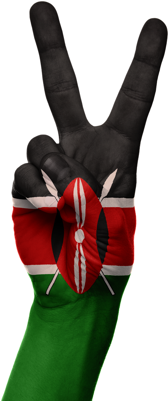 Kenya 桌布 壁紙 — 一隻塗上肯尼亞國旗的手在黑色背景上做出和平手勢。