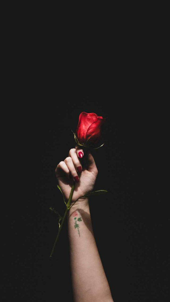 Black Love 桌布 壁紙 — 一隻塗了紅色指甲油的手，在純黑背景前握著一朵紅玫瑰，手腕上露出一個細小的玫瑰刺青。