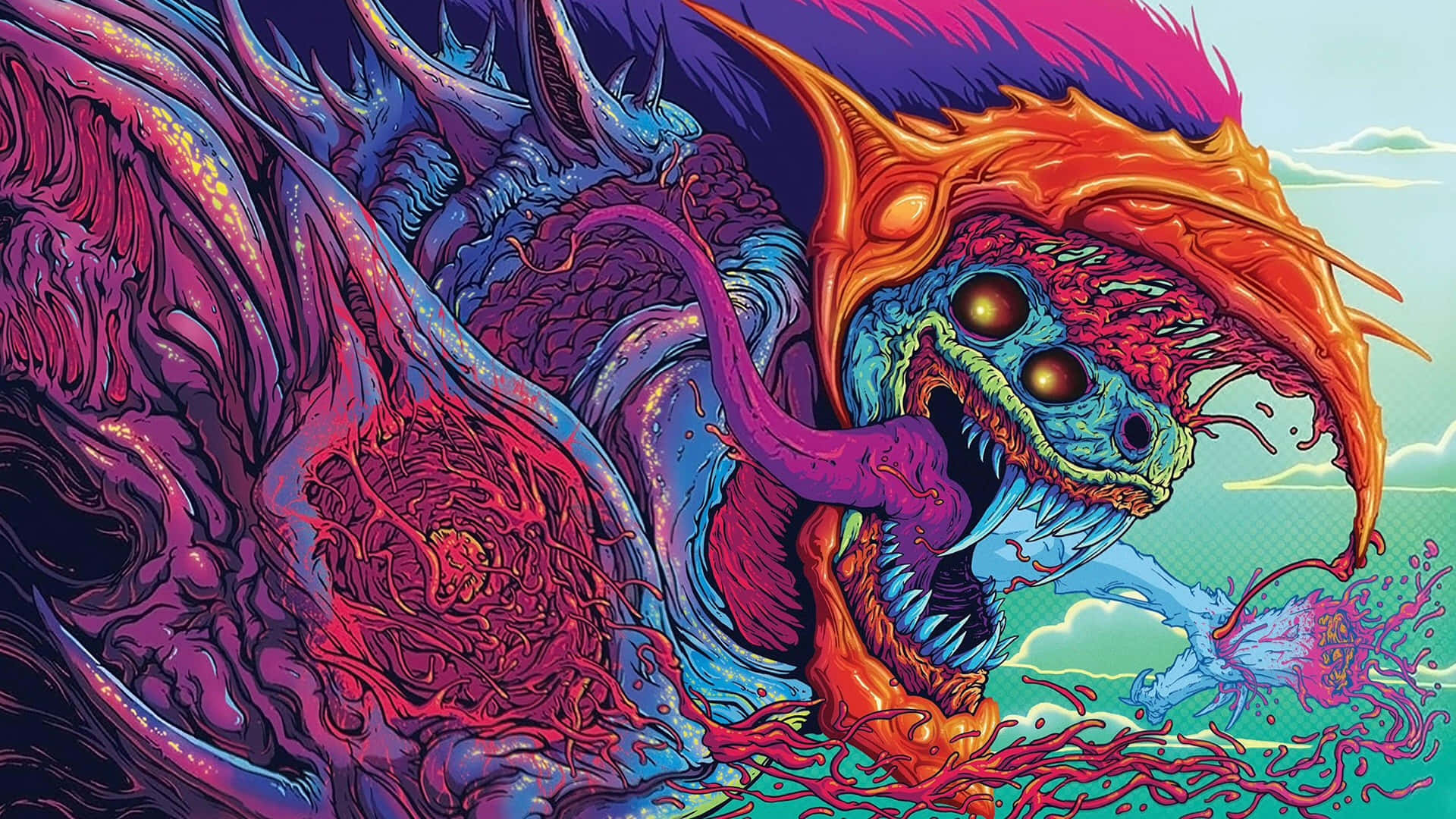 Psychedelic 3d Art 桌布 壁紙 — 一隻多色、怪獸般的龍，有著發光的眼睛和尖刺翅膀，對著超現實的天空咆哮。