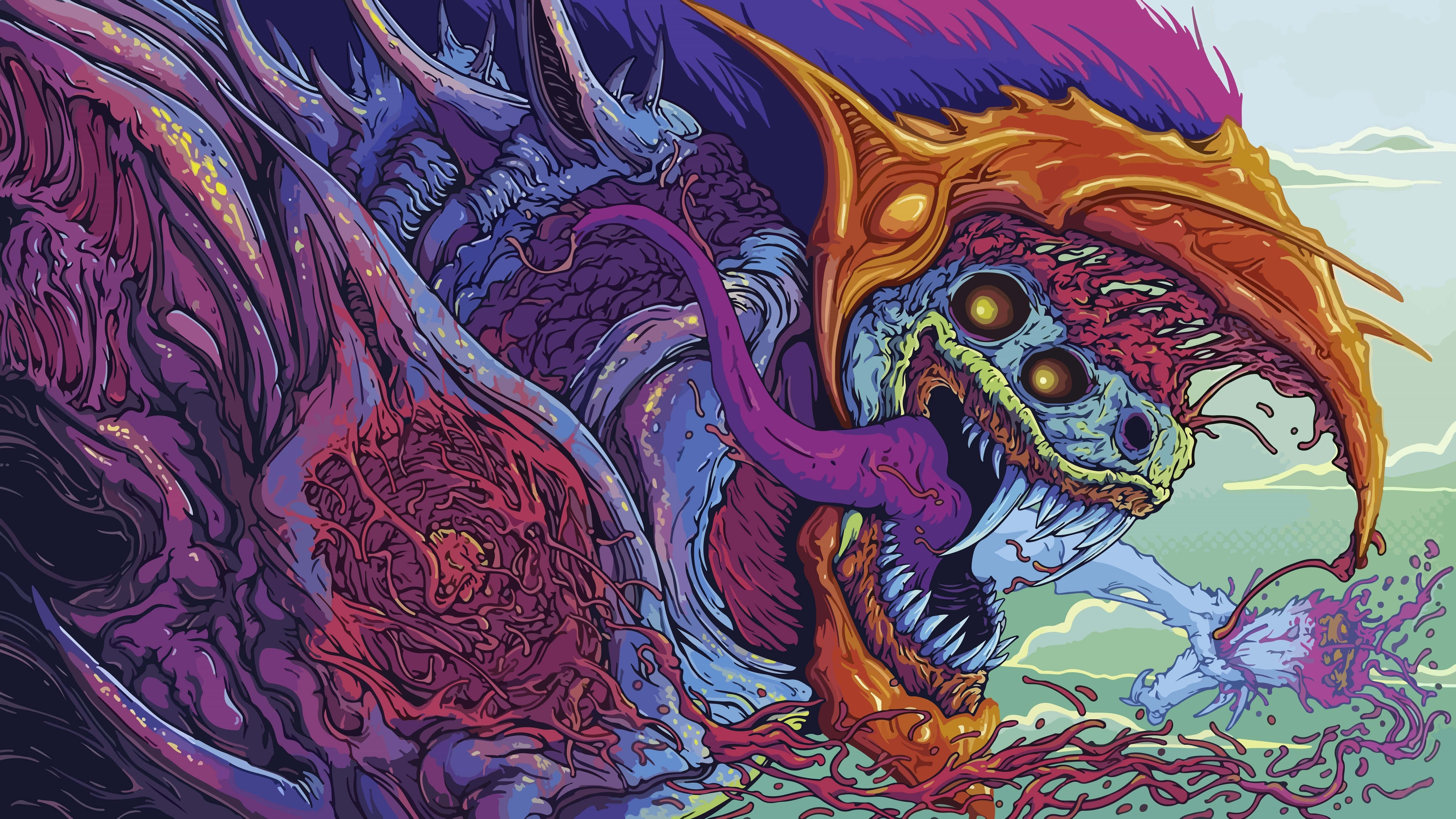 Mythical Dragon 桌布 壁紙 — 一隻多頭怪獸龍，眼睛發光，帶有鮮豔的紫橙色調，在超現實的天空中咆哮。