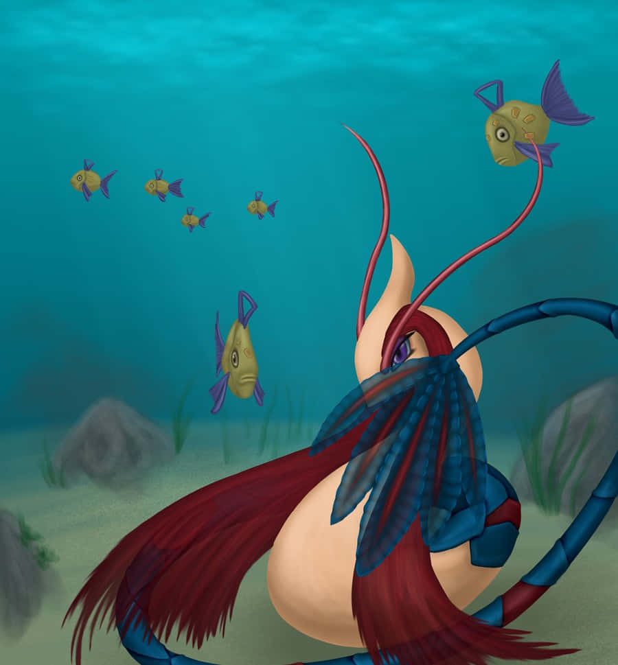 寶可夢 桌布 壁紙 — 一隻夢幻的藍紅相間海洋生物，長有長觸角，躺在海床上，附近有小黃魚游過。