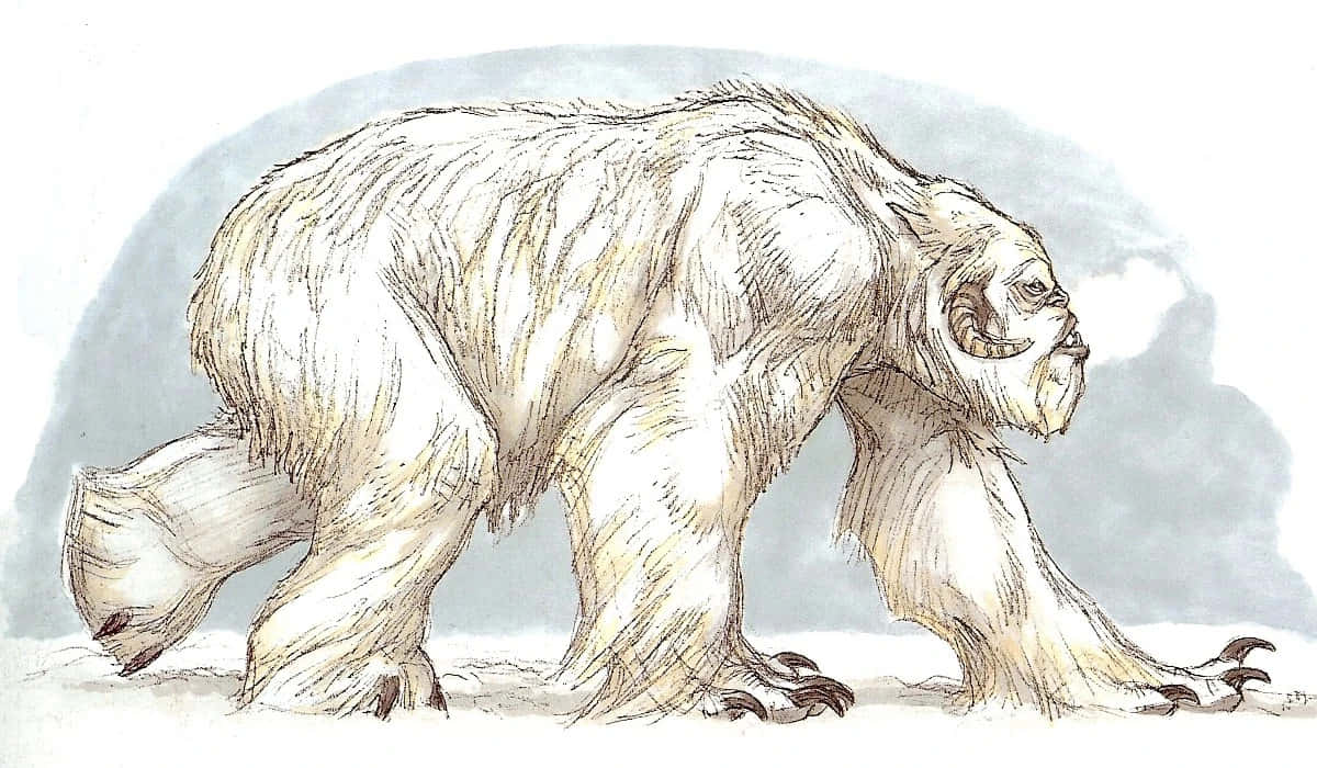 Wampa 桌布 壁紙 — 一隻大型、毛茸茸的白色生物，有爪子和長尾巴，在灰色天空下的雪地景觀中行走。