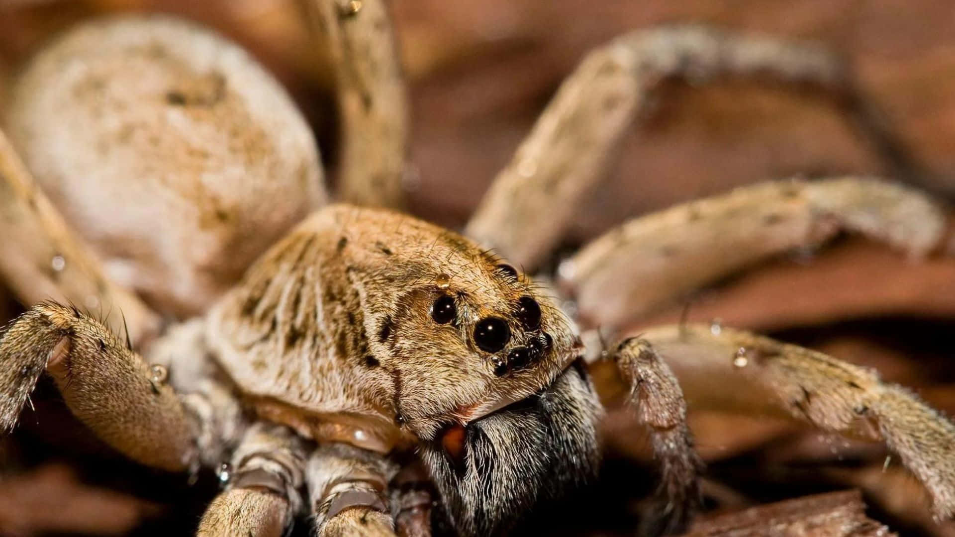 Brown Recluse Spider 桌布 壁紙 — 一隻大型多毛蜘蛛的特寫照片，具有詳細的眼睛和腿部，停留在乾燥的棕色樹葉上。