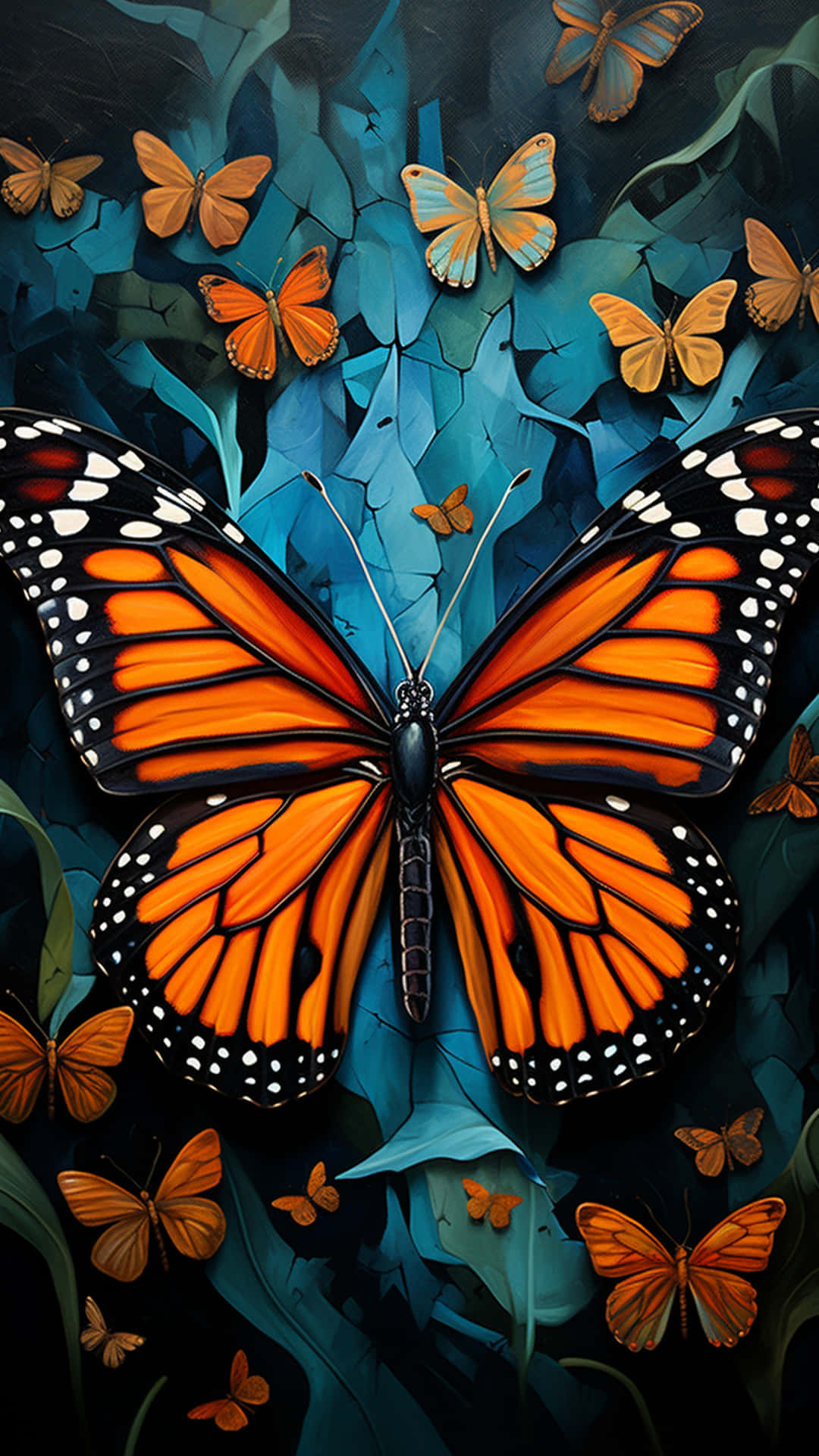 beautiful background  and butterfly 壁紙 — 一隻大型帝王斑蝶，擁有鮮豔的橙色翅膀和黑色脈絡，在深藍色碎裂葉片背景上，伴隨著較小的蝴蝶。