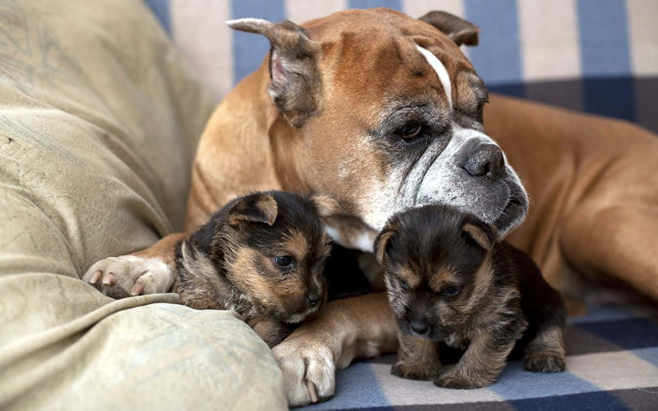 Boxer Dog 桌布 壁紙 — 一隻大型棕色拳師犬保護性地與兩隻細小黑色和棕色小狗在條紋沙發上休息。