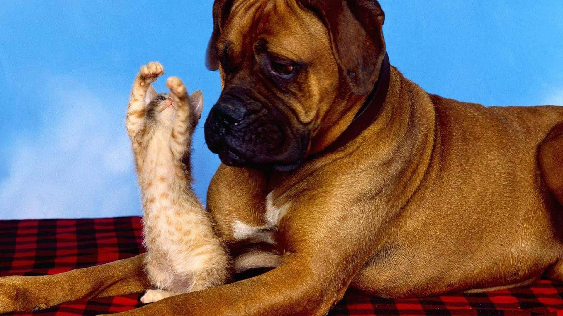 Funny Dog 桌布 壁紙 — 一隻大型棕色拳師狗平靜地躺在一隻細小橙色虎斑小貓旁邊，小貓用後腿站立，伸向狗的臉，背景是藍天。