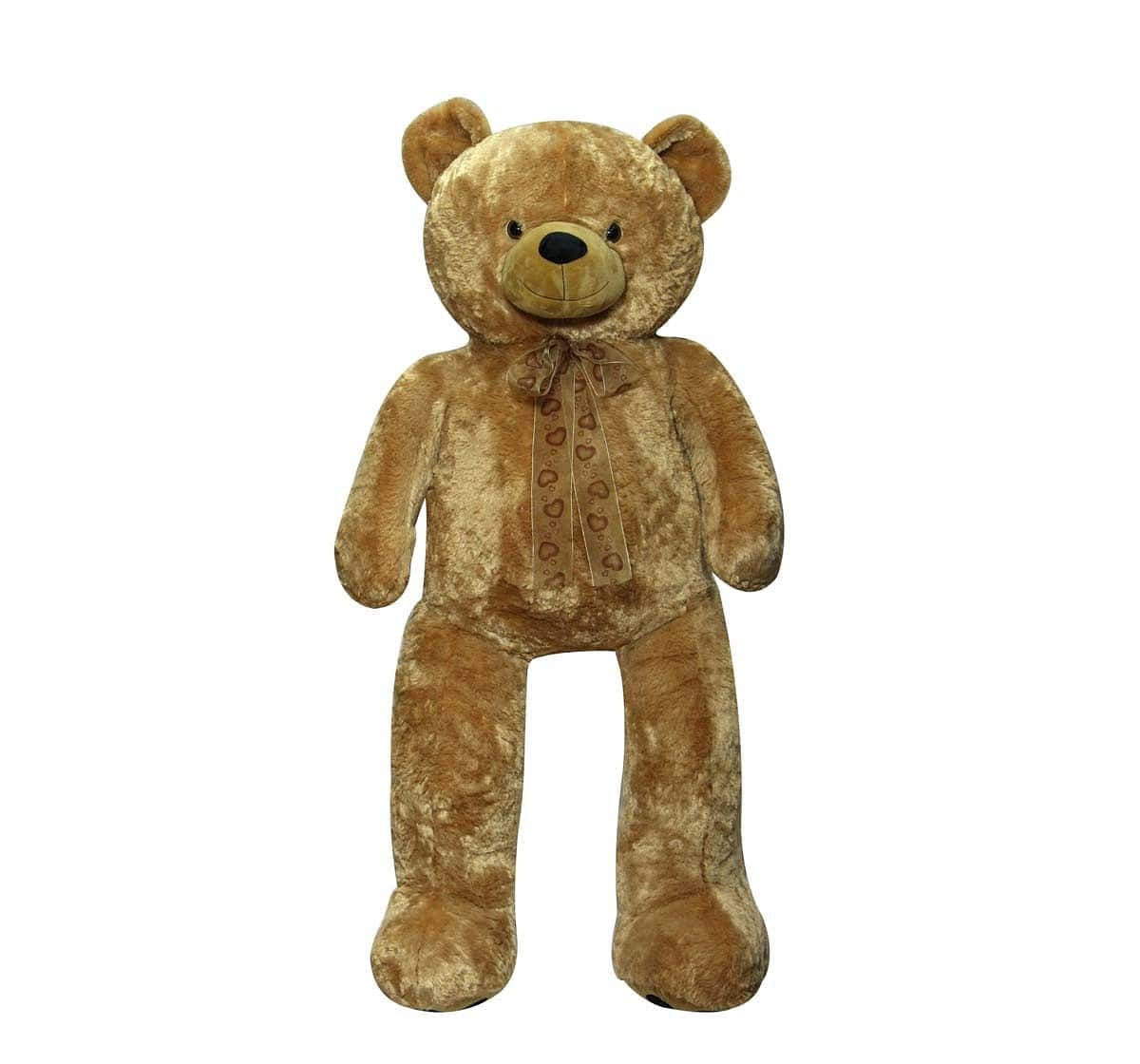 Teddy Bear 桌布 壁紙 — 一隻大型棕色毛絨泰迪熊直立站在白色背景前，戴著心形圖案的絲帶蝴蝶結。