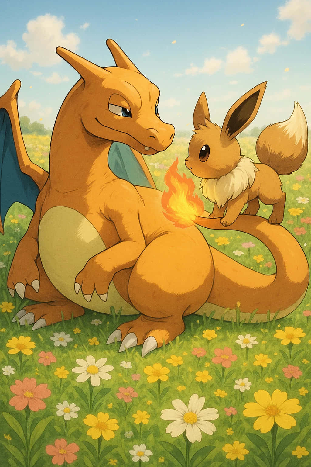 Charizard Pokemon HD Wallpaper WEBP 4K Background Download 壁紙 — 一隻大型橙色噴火龍安靜地坐在陽光普照、開滿色彩繽紛花朵的草地上，而一隻細小伊布頑皮地從尾巴噴出火焰。