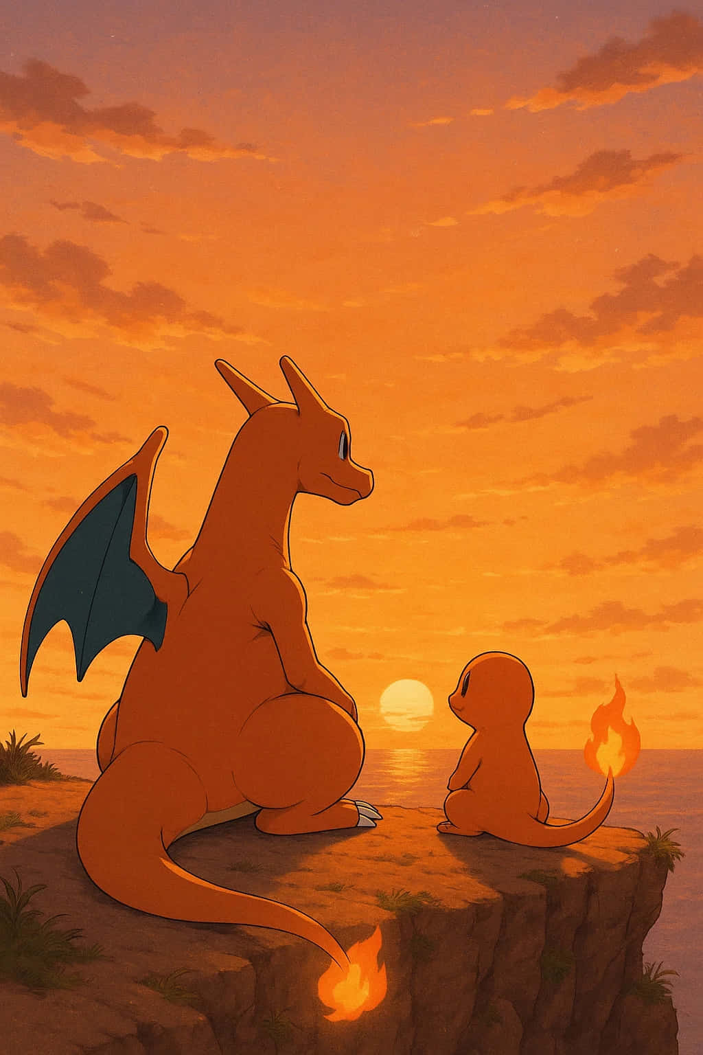 Charizard Pokemon HD Wallpaper WEBP 4K Background Download 壁紙 — 一隻大型橙色的噴火龍和一隻小型橙色的小火龍並排坐在懸崖邊，看著海面上熾熱的日落。
