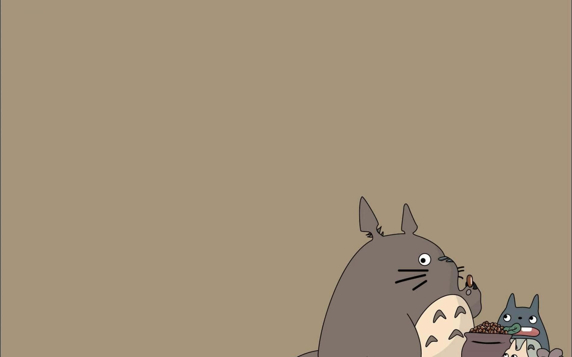my neighbor totoro 桌布 壁紙 — 一隻大型灰色龍貓和一隻較小的藍色龍貓一起坐在純米色背景前，從碗裡吃東西。