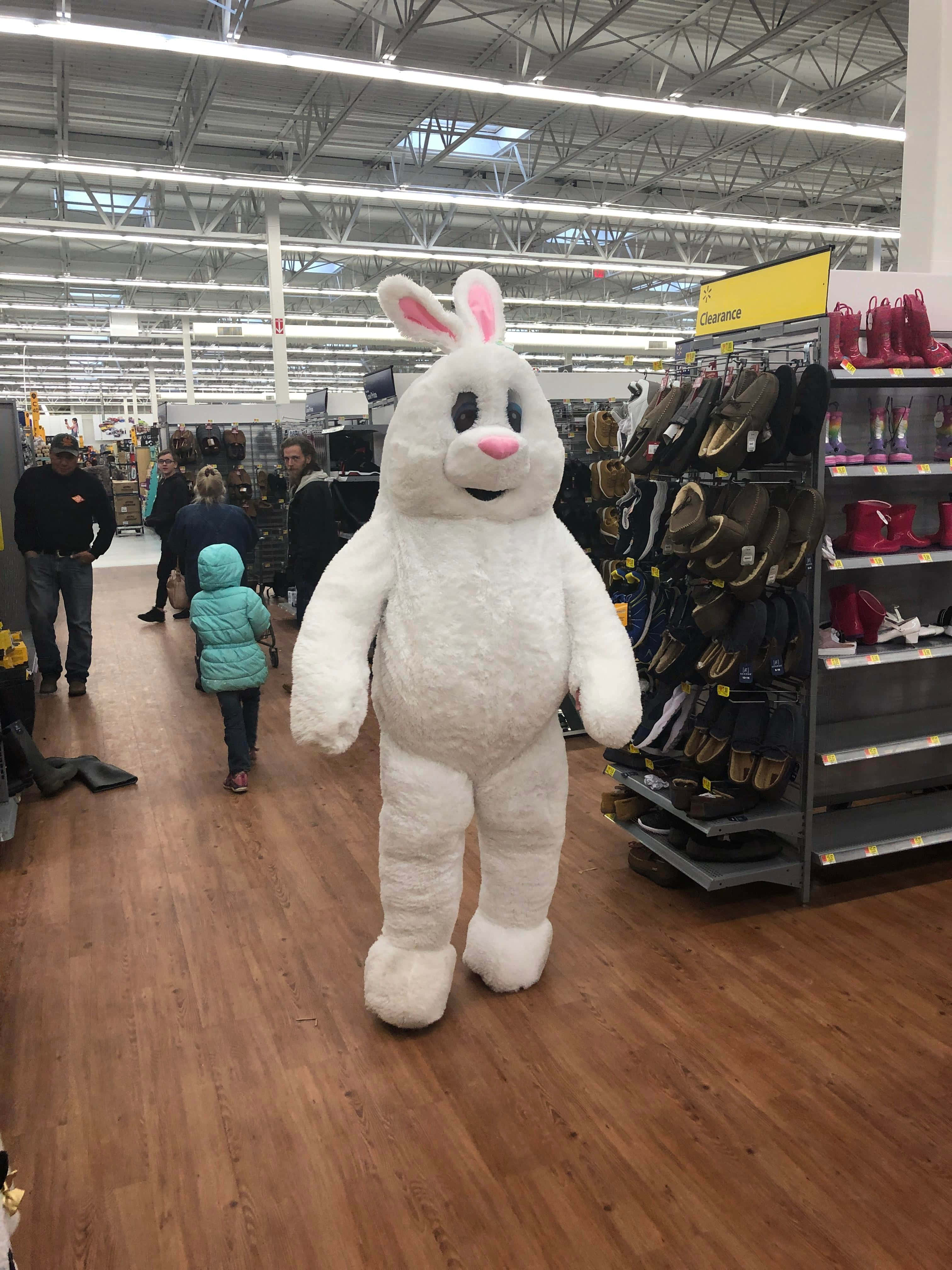 Creepy Easter Bunny 桌布 壁紙 — 一隻大型白色兔子吉祥物站在光線充足的零售店通道中，購物者從旁走過。